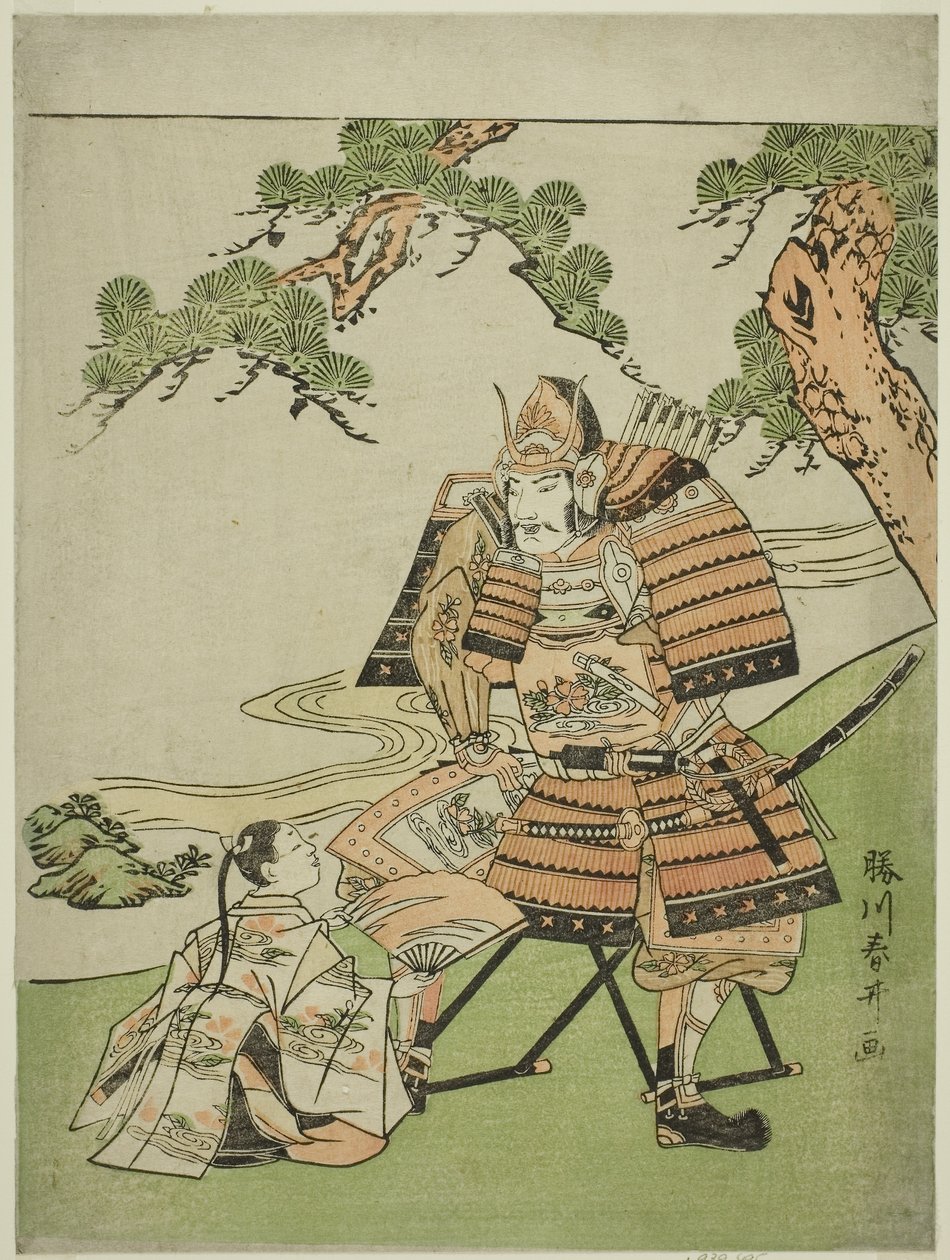 O guerreiro Kusunoki Masashige (1294-1336) despedindo-se do seu filho Masatsura, c.1780 (xilogravura a cores; chuban) de Katsukawa Shunsei