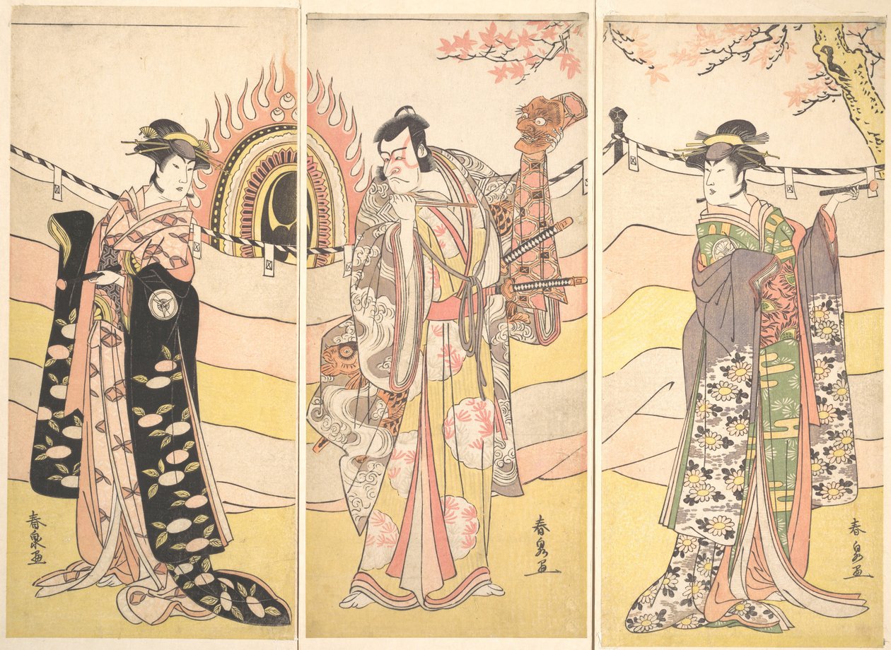 Três atores em belos trajes realizando uma dança religiosa, ca. 1785. de Katsukawa Shunsen
