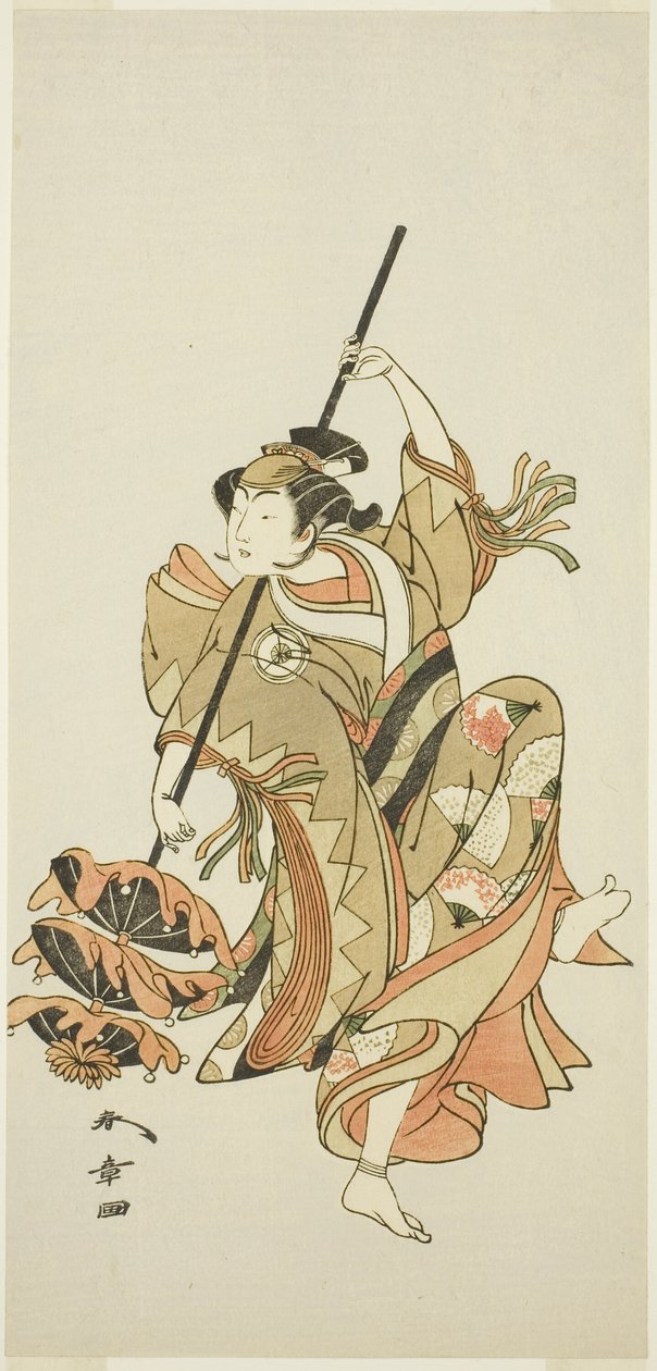 O ator Iwai Hanshiro IV executa a dança do guarda-chuva triplo em “Flower of Japan: Ono no Komachi’s Five Characters” (“Kuni no Hana Ono no Itsumoji”) de Katsukawa Shunsho