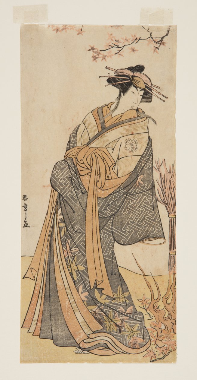 Ator Segawa Tomisaburo II como uma cortesã alta em pé em uma sala (impressão em xilogravura colorida) de Katsukawa Shunsho