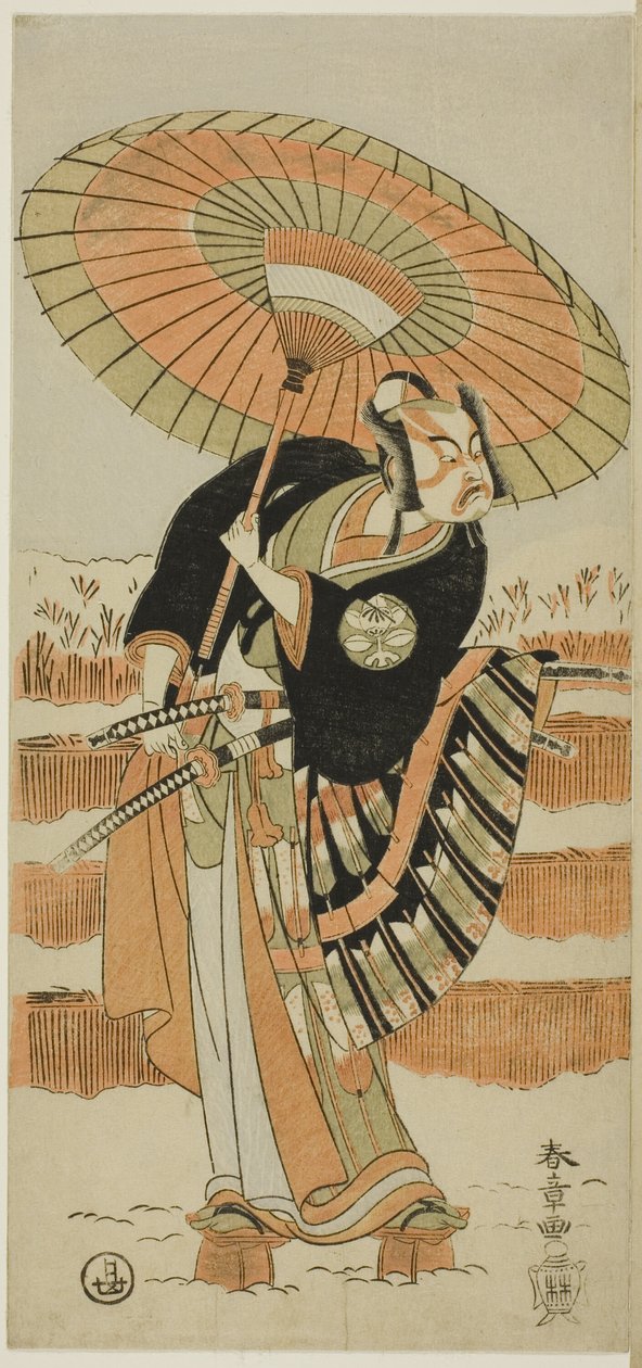 Os actores Ichimura Uzaemon IX como Kajiwara Genta no Kagetoki (à esquerda), Segawa Kikunojô II como Yuki Onna (ao centro) e Arashi Sangorô II como Minamoto no Yoritomo (à direita) em "O algodão de Izu protegendo os crisântemos matrimoniais" ("Miyoto-giku  de Katsukawa Shunsho