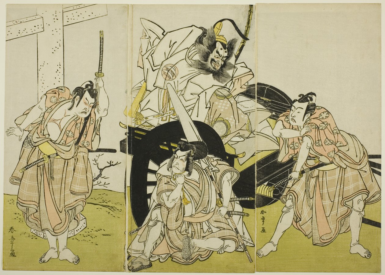 Os actores Nakajima Mihoemon II como Fujiwara no Shihei, Ichikawa Ebizô III como Matsuo-maru, Ichikawa Yaozô II como Sakura-maru, e Ichimura Uzaemon IX como Umeo-maru em "Sugawara