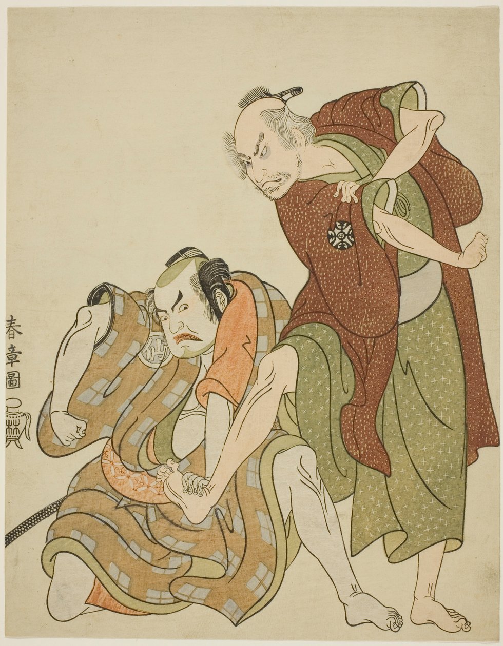 Atores interpretando os papéis de Giheiji e seu genro, Danshichi Kurobei de Katsukawa Shunsho