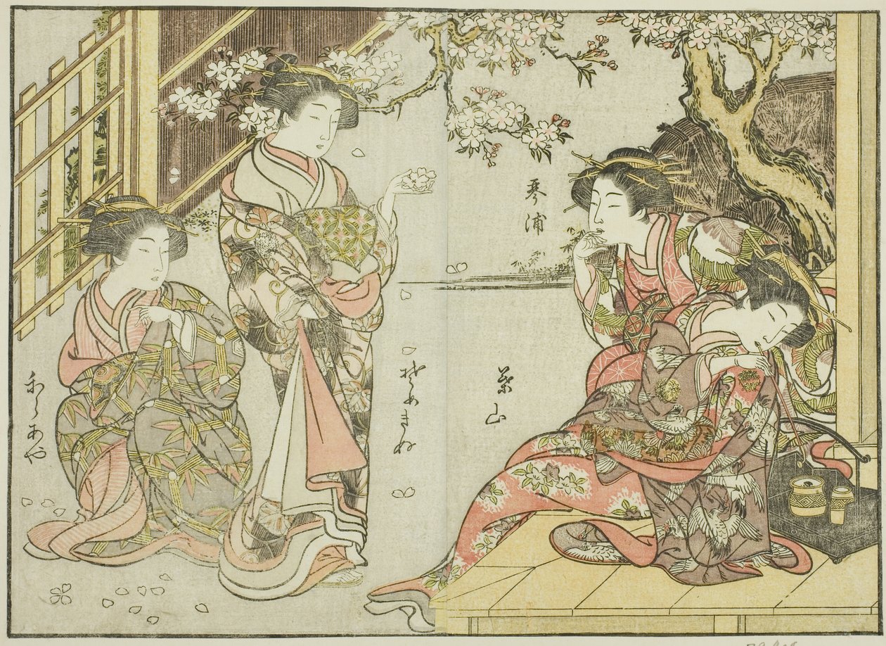 Cortesãs do Asahimaruya, do livro "Espelho de Belas Mulheres dos Bairros do Prazer (Seiro bijin awase sugata kagami)", vol. 1 de Katsukawa Shunsho