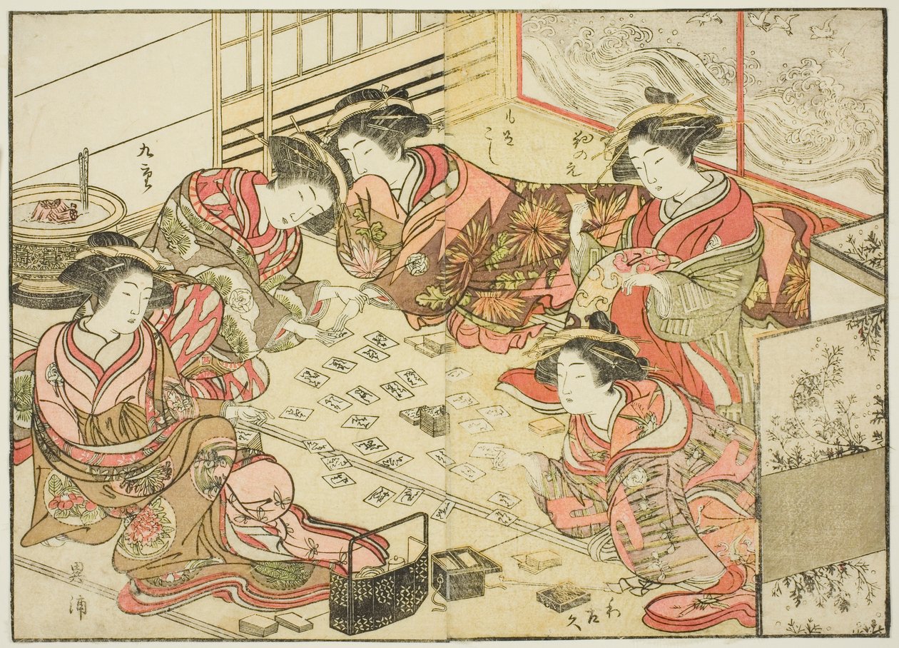 Cortesãs da Echizenya, do livro "Espelho das Belas Mulheres dos Bairros do Prazer (Seiro bijin awase sugata kagami)", vol. 2 de Katsukawa Shunsho