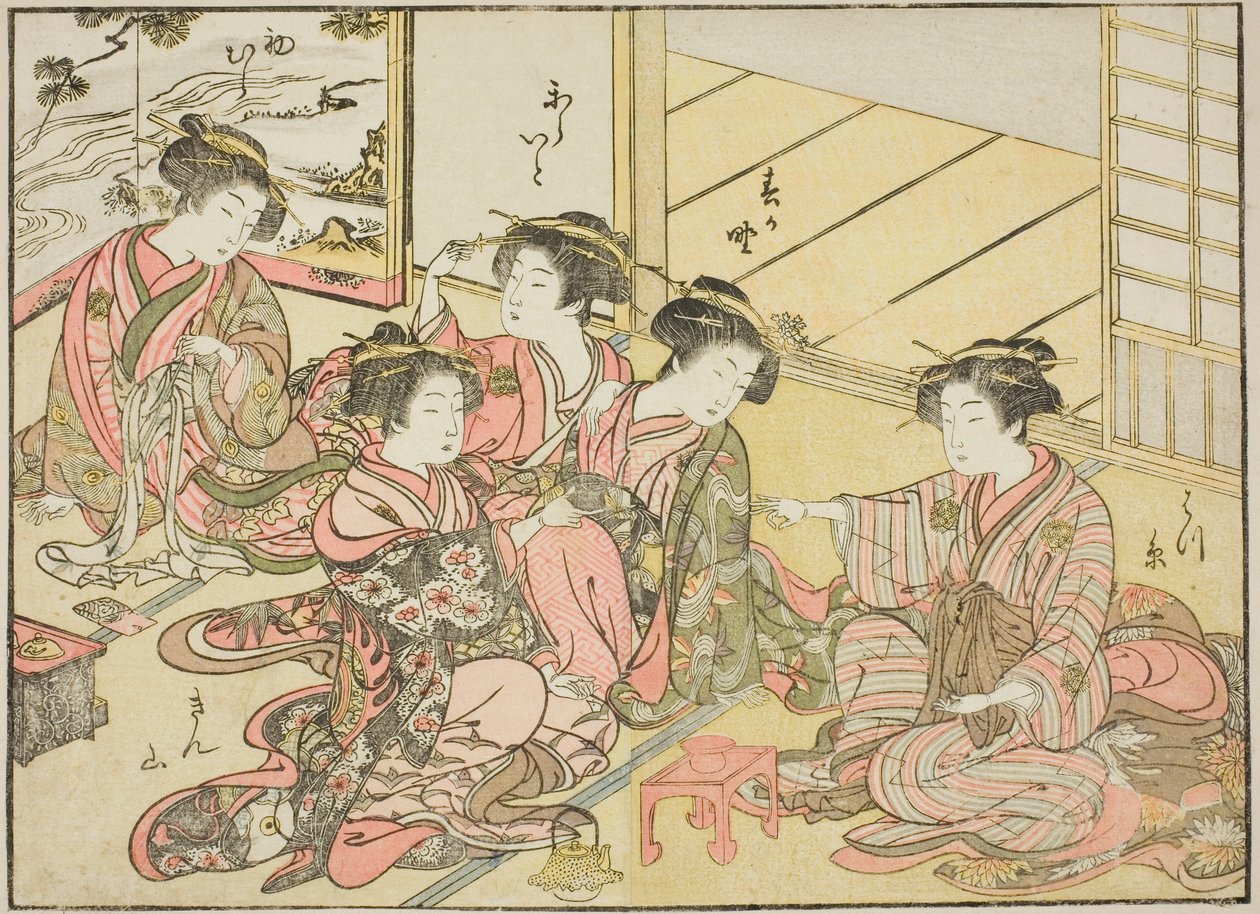 Cortesãs do Gakuiseya, do livro "Espelho de Mulheres Bonitas dos Bairros do Prazer (Seiro bijin awase sugata kagami)", vol. 1 de Katsukawa Shunsho