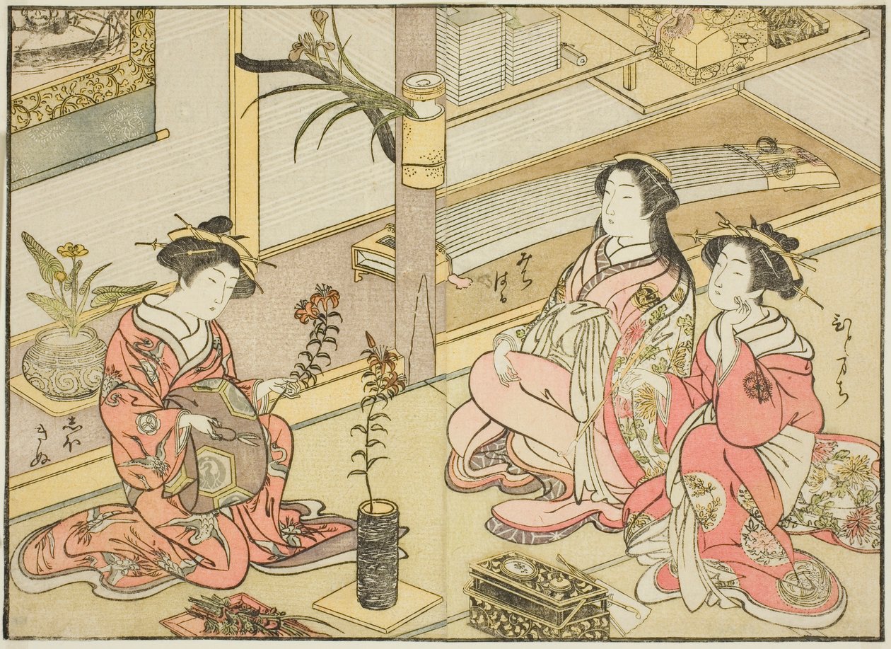 Cortesãs do Kadotsutaya, do livro "Espelho de Belas Mulheres dos Bairros do Prazer (Seiro bijin awase sugata kagami)", vol. 1 de Katsukawa Shunsho