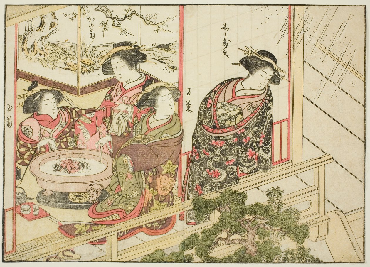 Cortesãs do Kiribishiya, do livro "Espelho de Belas Mulheres dos Bairros do Prazer (Seiro bijin awase sugata kagami)", vol. 2 de Katsukawa Shunsho
