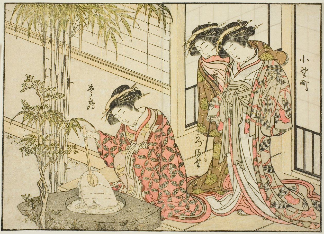 Cortesãs do Maruya, do livro "Espelho de Belas Mulheres dos Bairros do Prazer (Seiro bijin awase sugata kagami)", vol. 2 de Katsukawa Shunsho