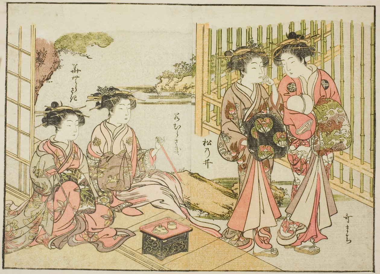 Cortesãs do Matsubaya, do livro "Espelho de Belas Mulheres dos Bairros do Prazer (Seiro bijin awase sugata kagami)", vol. 1 de Katsukawa Shunsho