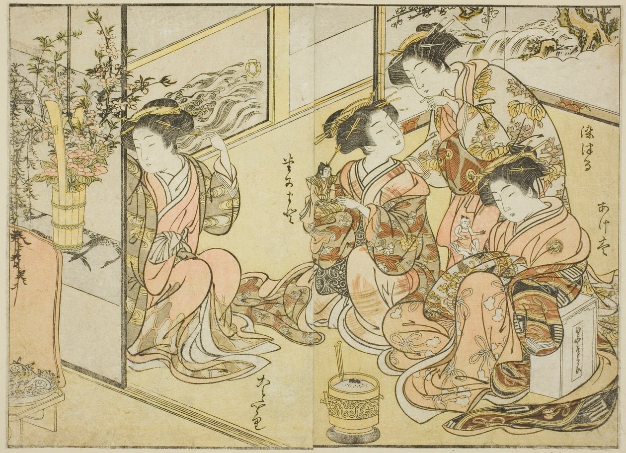 Cortesãs do Matsuneya, do livro "Espelho de Belas Mulheres dos Bairros do Prazer (Seiro bijin awase sugata kagami)", vol. 1 de Katsukawa Shunsho