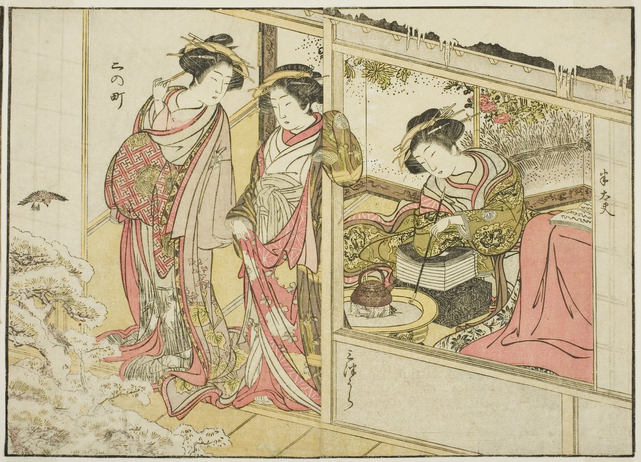 Cortesãs da Nakaomiya, do livro "Espelho de Belas Mulheres dos Bairros do Prazer (Seiro bijin awase sugata kagami)", vol. 2 de Katsukawa Shunsho