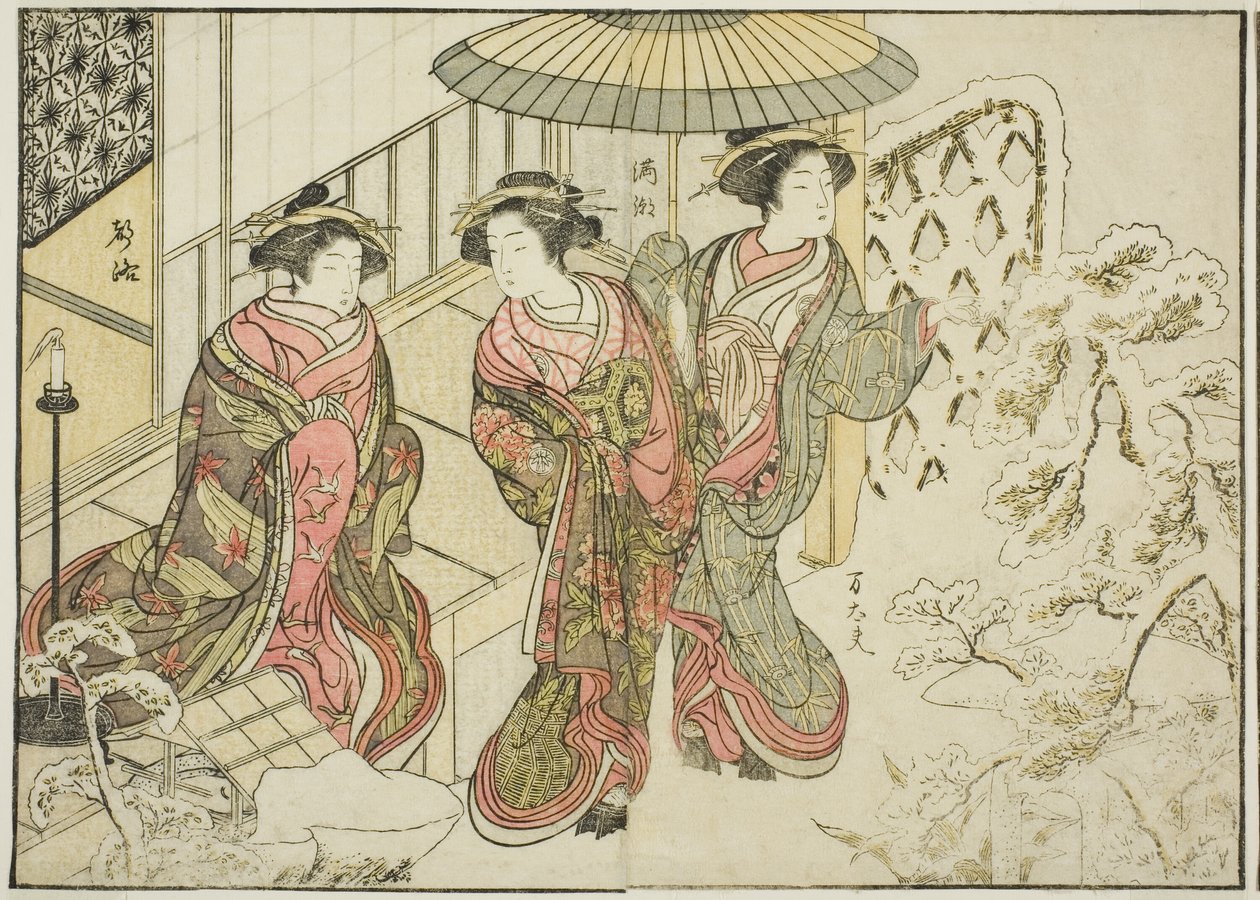 Cortesãs da Nakaomiya, do livro "Espelho de Mulheres Bonitas dos Bairros do Prazer (Seiro bijin awase sugata kagami)", vol. 2 de Katsukawa Shunsho