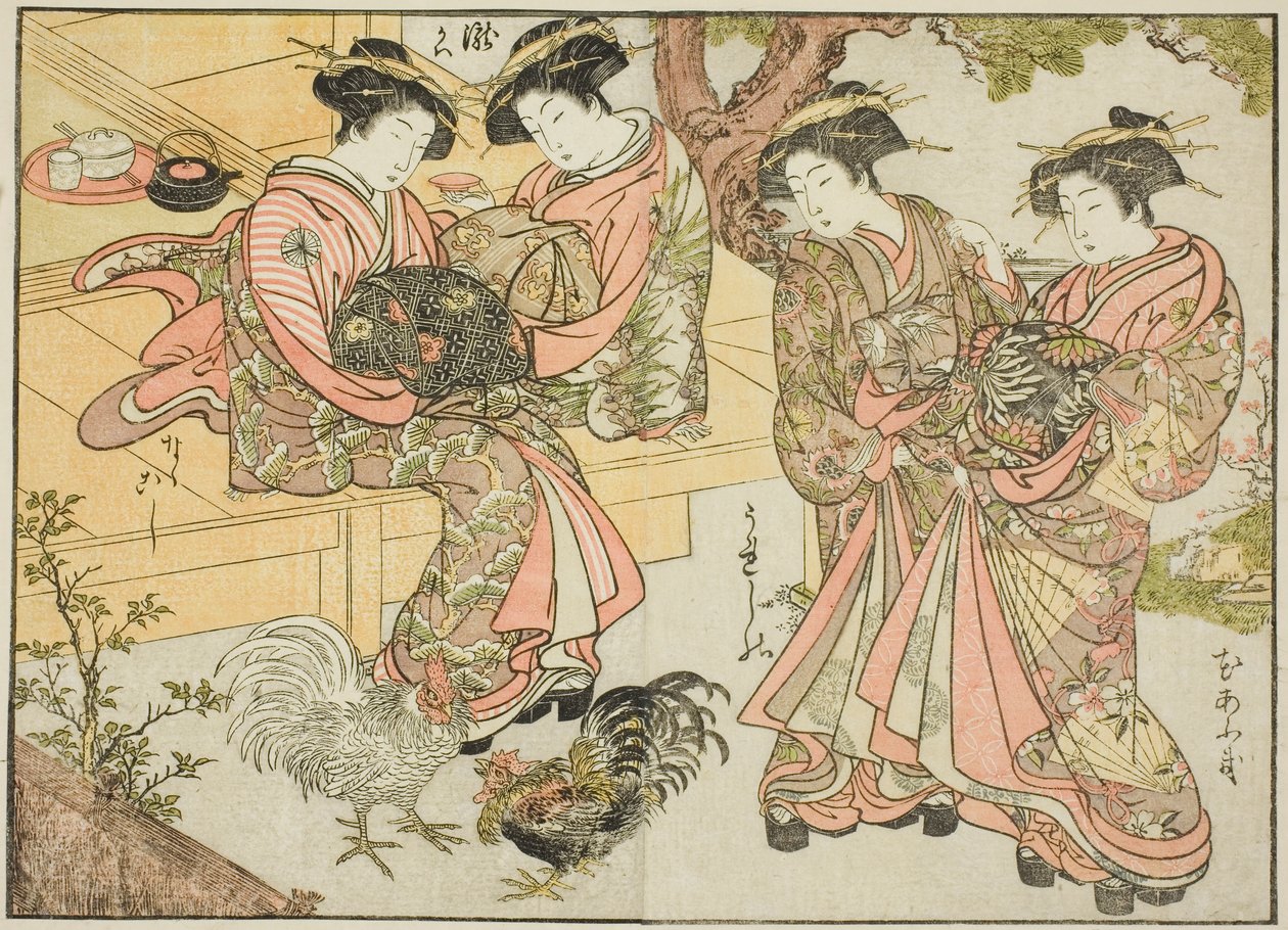 Cortesãs do Ogiya, do livro "Espelho das Belas Mulheres dos Bairros do Prazer (Seiro bijin awase sugata kagami)", vol. 1 de Katsukawa Shunsho