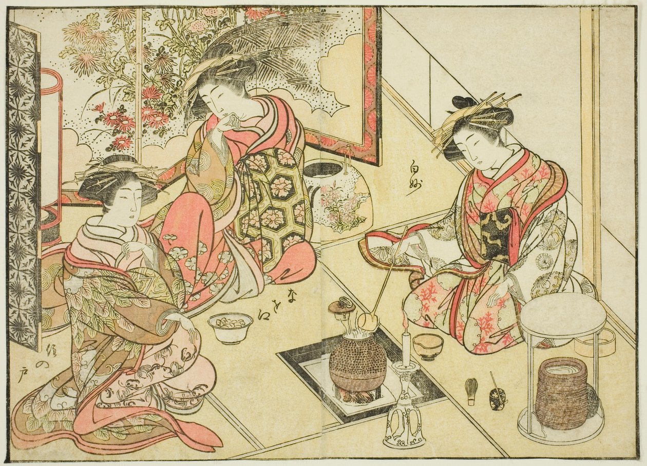 Cortesãs da Okaneya, do livro "Espelho de Belas Mulheres dos Bairros do Prazer (Seiro bijin awase sugata kagami)", vol. 2 de Katsukawa Shunsho