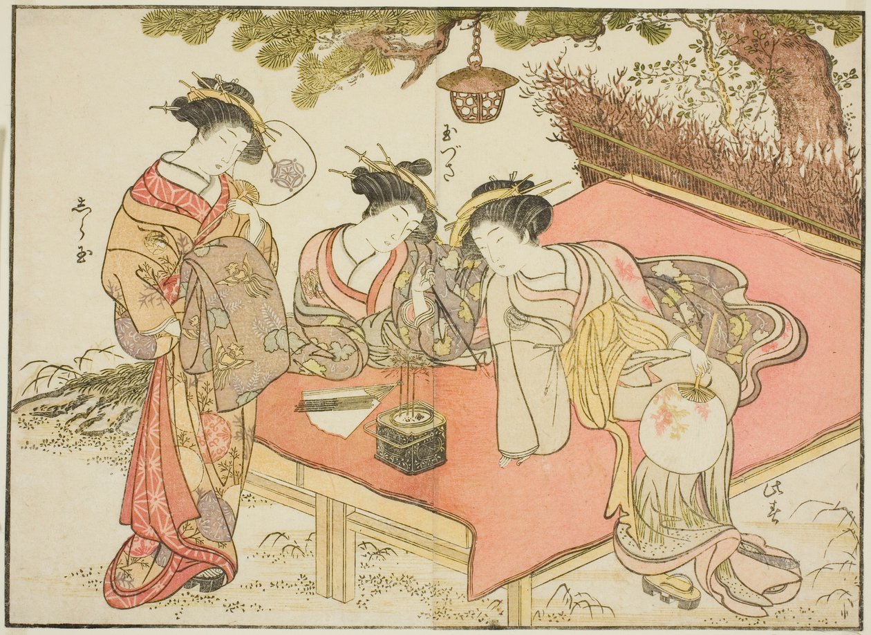 Cortesãs do Yadaya, do livro "Espelho das Belas Mulheres dos Bairros do Prazer (Seiro bijin awase sugata kagami)", vol. 1 de Katsukawa Shunsho