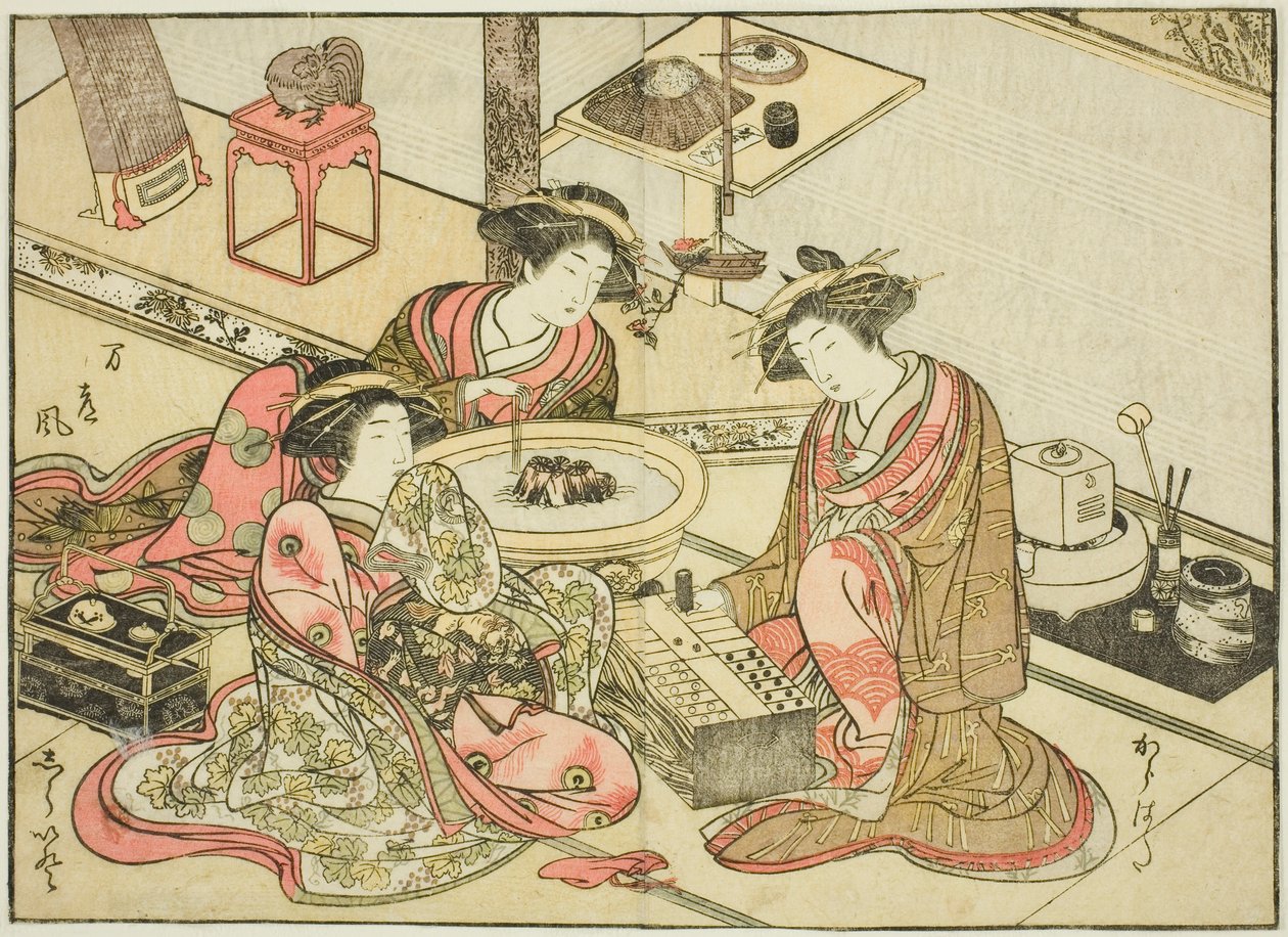 Cortesãs do Yamashiroya, do livro "Espelho de Belas Mulheres dos Bairros do Prazer (Seiro bijin awase sugata kagami)", vol. 2 de Katsukawa Shunsho
