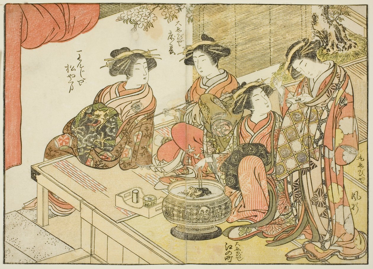 Quatro cortesãs de várias casas, do livro "Espelho de Belas Mulheres dos Bairros do Prazer (Seiro bijin awase sugata kagami)", vol. 3 de Katsukawa Shunsho