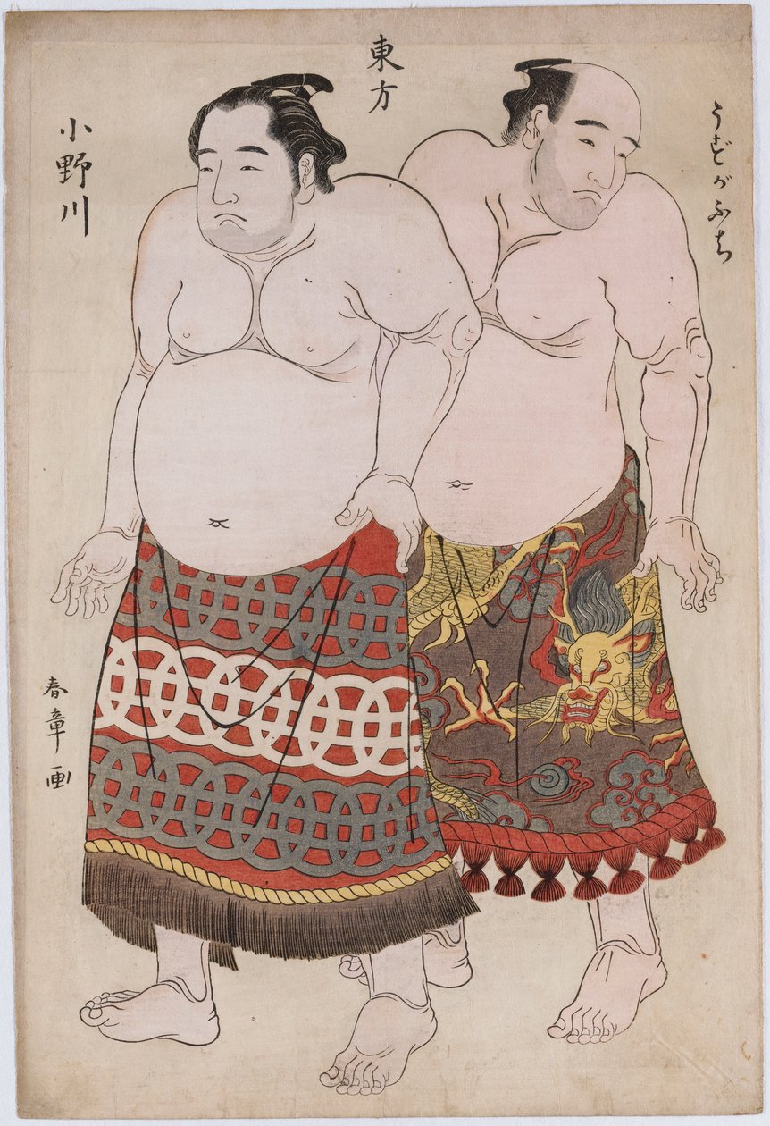 Retratos completos dos lutadores do Grupo Oriental, Uzugafuchi à direita e Onogawa à esquerda (impressão a cores de bloco de madeira) de Katsukawa Shunsho