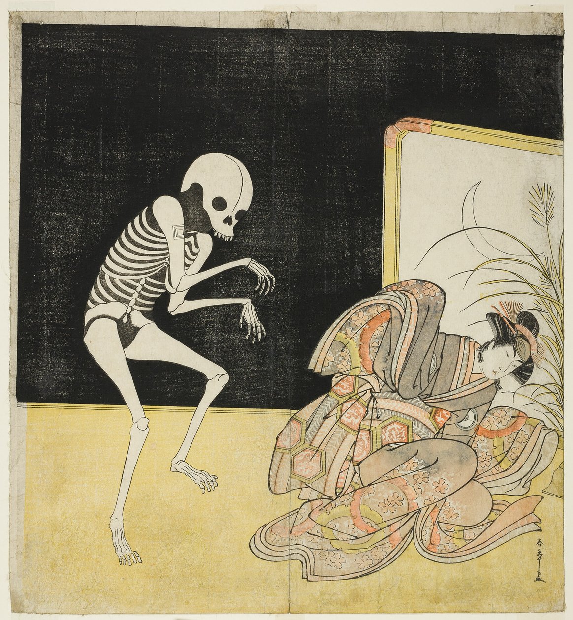 Ichikawa Danjūrō V como um Esqueleto, Espírito do Monge Renegado Seigen, e Iwai Hanshirō IV como a Princesa Cereja, em "Flor de Edo: Uma Saga Ichikawa" (Edo no Hana Mimasu Soga) de Katsukawa Shunsho