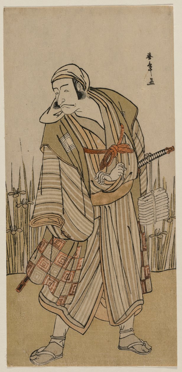 Ichikawa Danjuro V como um viajante ao lado de um aglomerado de íris de Katsukawa Shunsho