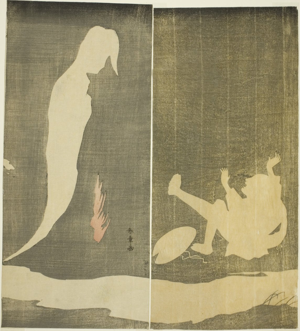 Homem caindo para trás, assustado pelo fantasma de uma mulher sobre um rio, c.1782 (xilogravura a cores; díptico hosoban) de Katsukawa Shunsho