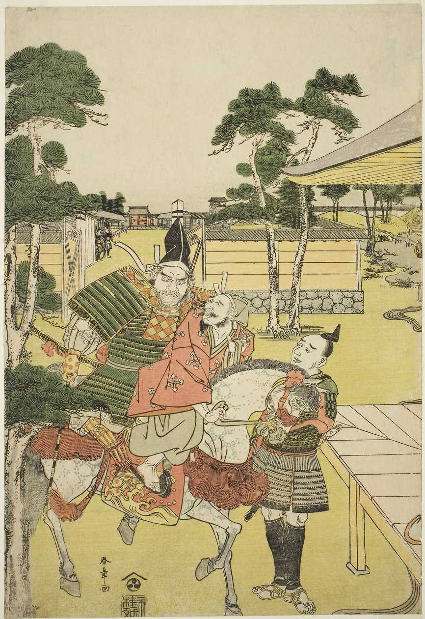 Musashibo Benkei traz o capturado Tosabo Shoshun a Yoshitsune na peça Horikawa Youchi no Zu Uki-e Nimaitsuzuki, c.1782 (xilogravura a cores; oban) de Katsukawa Shunsho