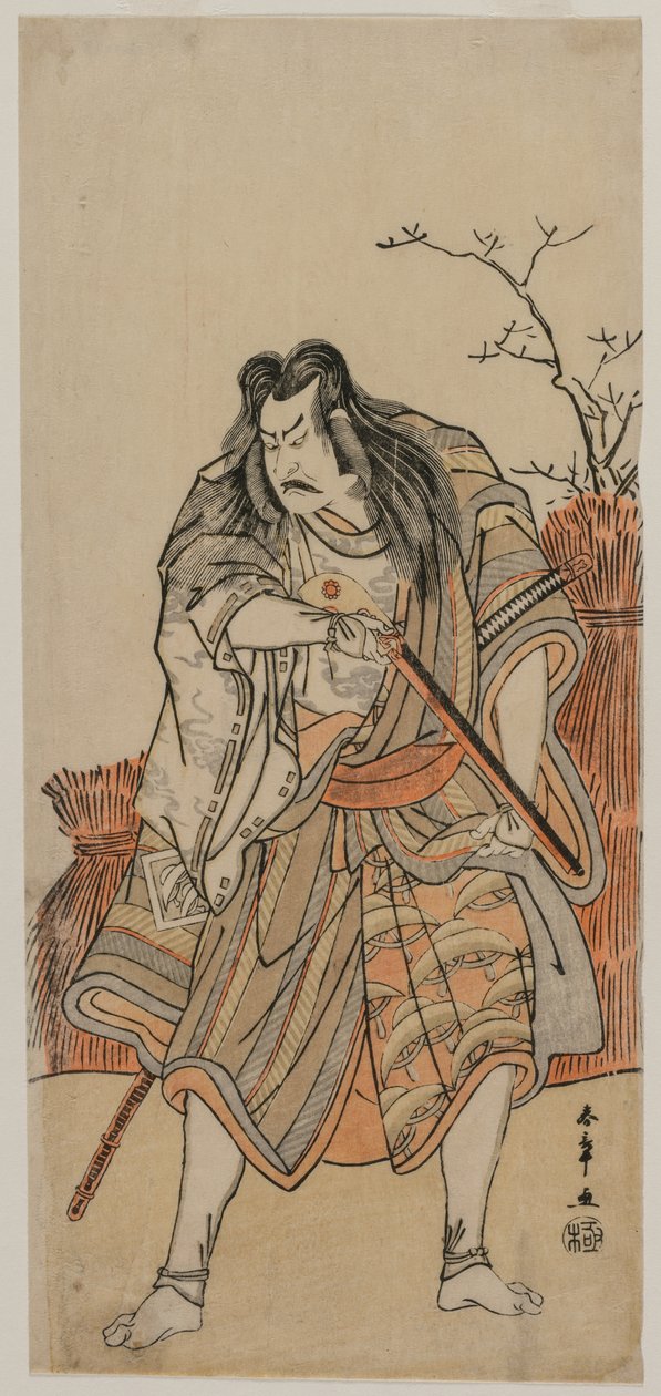 Nakajima Kanzaemon como um Lord disfarçado de caçador com um rifle de Katsukawa Shunsho