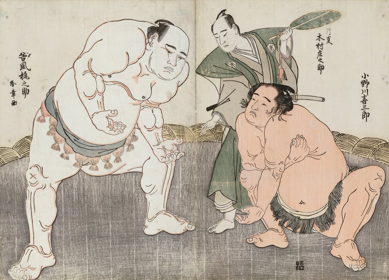 Onagawa Kisaburo e Tanikaze Kajinosuke interpretando o Shiriki no Dohyo, apitado por Kimura Shonosuke (impressão a cores do bloco de madeira) de Katsukawa Shunsho