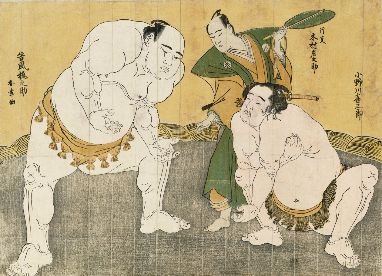 Onagawa Uki Saburo Draft d Kajinosuke Tanikaze Interpretado por Minoru Tei Hyo, Árbitro D por Shosuke Kimura de Katsukawa Shunsho