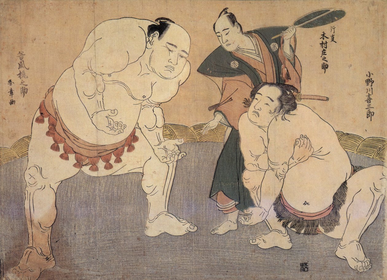 Onagawa Kisaburo e Tanikaze Kajinosuke executam o Shiriki no Dohyo, arbitrado por Kimura Shonosuke de Katsukawa Shunsho