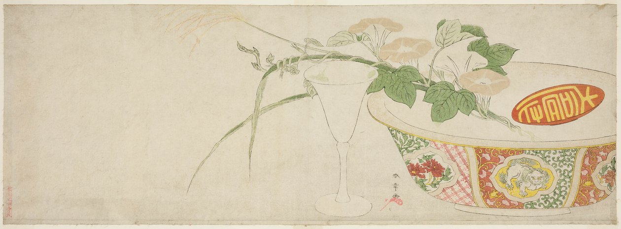 Plantas, tigela de porcelana e taça de vidro de Katsukawa Shunsho