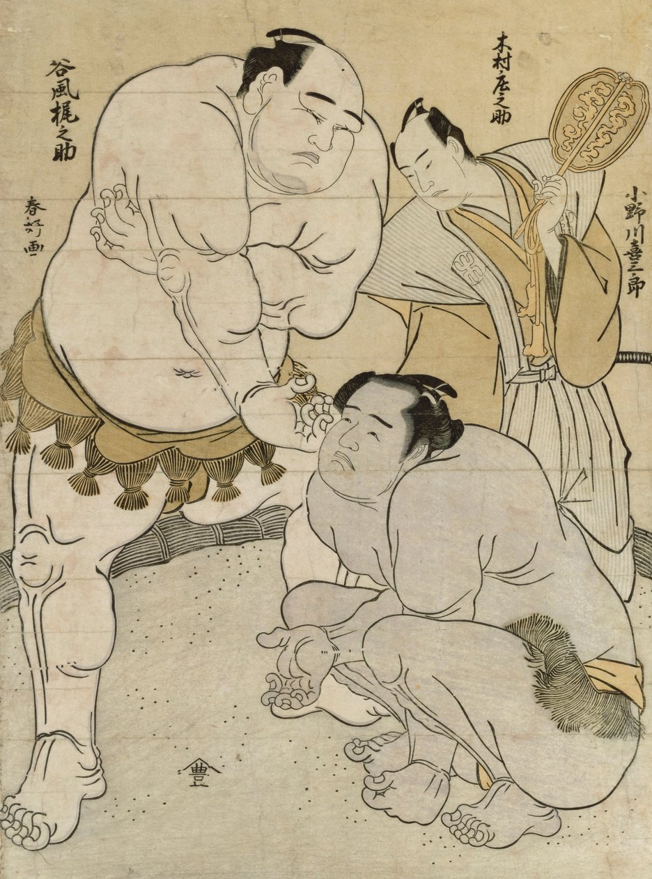 Preparativos para a partida entre Onagawa Kisaburo e Tanikaze Kajinosuke, apitado por Kimura Shonosuke (impressão em bloco de madeira a cores) de Katsukawa Shunsho