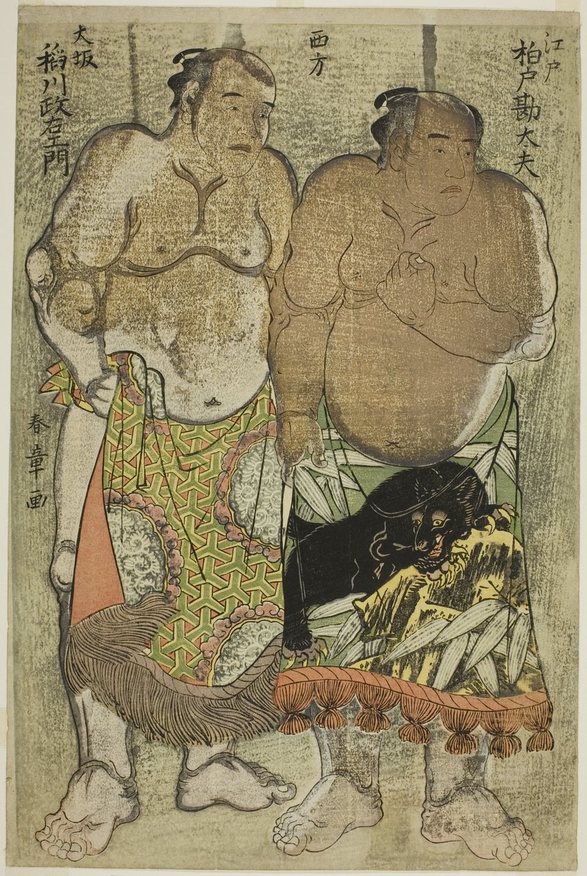 Lutadores de sumô do grupo ocidental (direita) Kashiwado Kandayu de Edo, (esquerda) e Inagawa Masaemon de Osaka de Katsukawa Shunsho