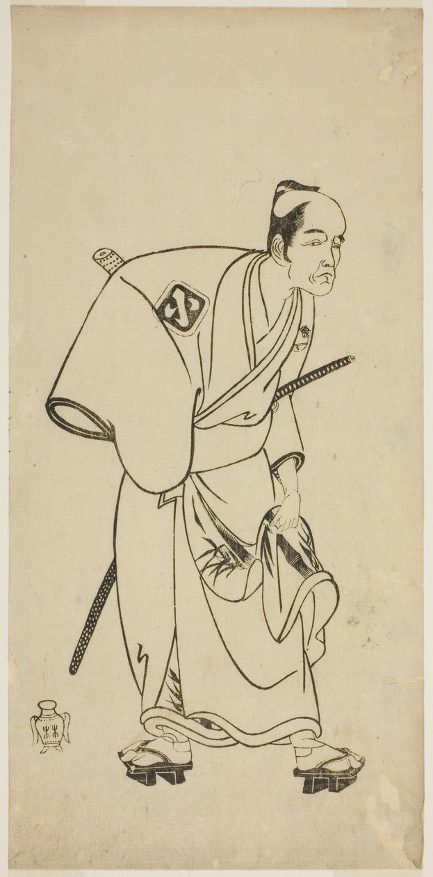 O ator Arashi Otohachi I como Hotei Ichiemon na peça Ayatsuri Kabuki Ogi, apresentada no Teatro Nakamura no Sétimo Mês, 1768 de Katsukawa Shunsho