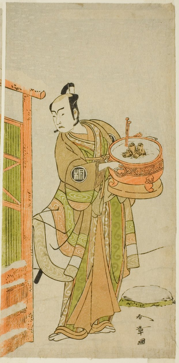 O ator Arashi Sangoro II como Ito Kuro disfarçado de Banta na peça Izu-goyomi Shibai no Ganjitsu, apresentada no Teatro Morita no décimo primeiro mês de 1772 de Katsukawa Shunsho