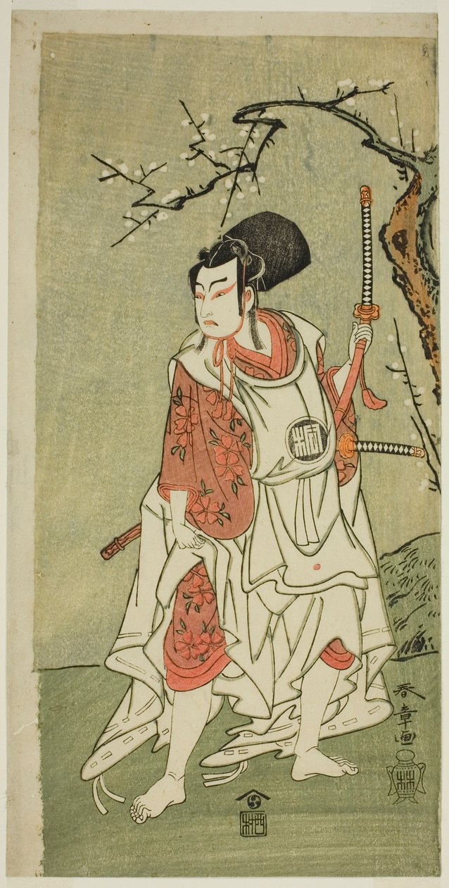 O ator Arashi Sangoro II como Sakura-maru na peça Sugawara Denju Tenarai Kagami, apresentada no Teatro Ichimura no primeiro mês, 1772 de Katsukawa Shunsho