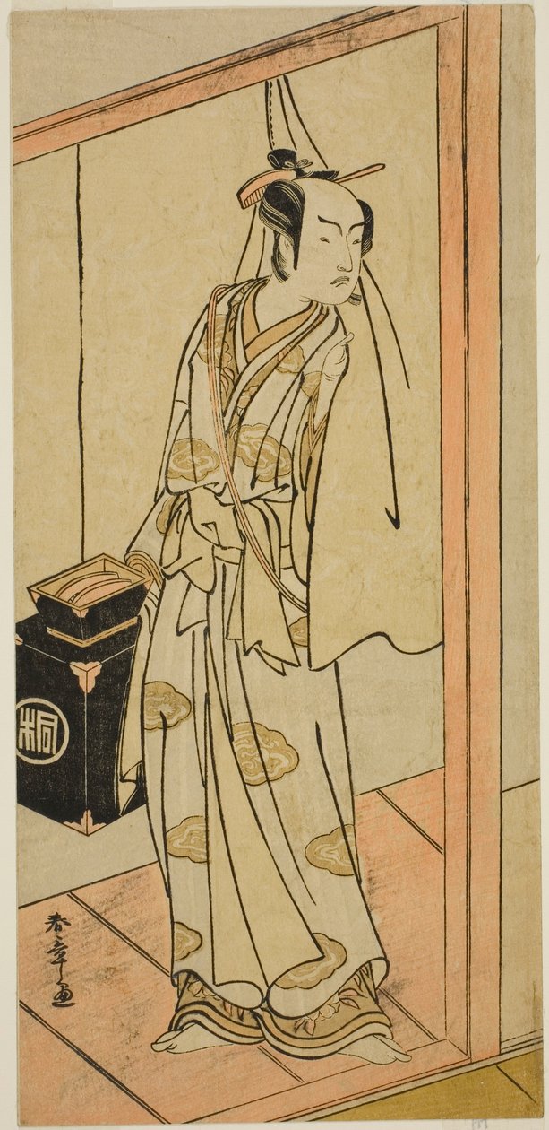 The Actor Arashi Sangoro II as the Hairdresser Obana Saizaburo in the Play Koi Musume Mukashi Hachijo, Performed at the Nakamura Theater in the Third Month, 1776 de Katsukawa Shunsho