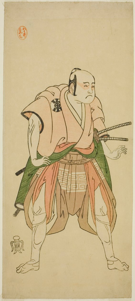 O Ator Bando Sampachi I como Yawata no Saburo (?) na Peça Shuen Soga Omugaeshi (?), Realizada no Teatro Ichimura (?) no Segundo Mês, 1768 (?) de Katsukawa Shunsho