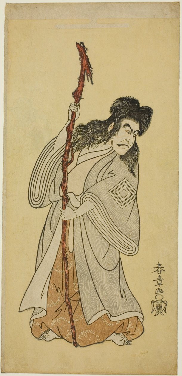 O ator Ichikawa Danjuro IV possivelmente como Tenjiku Tokubei na peça "Tenjiku Tokubei vira o leme para casa (Tenjiku Tokubei Kokyo no Torikaji)", apresentada no teatro Nakamura no oitavo mês de 1768 de Katsukawa Shunsho