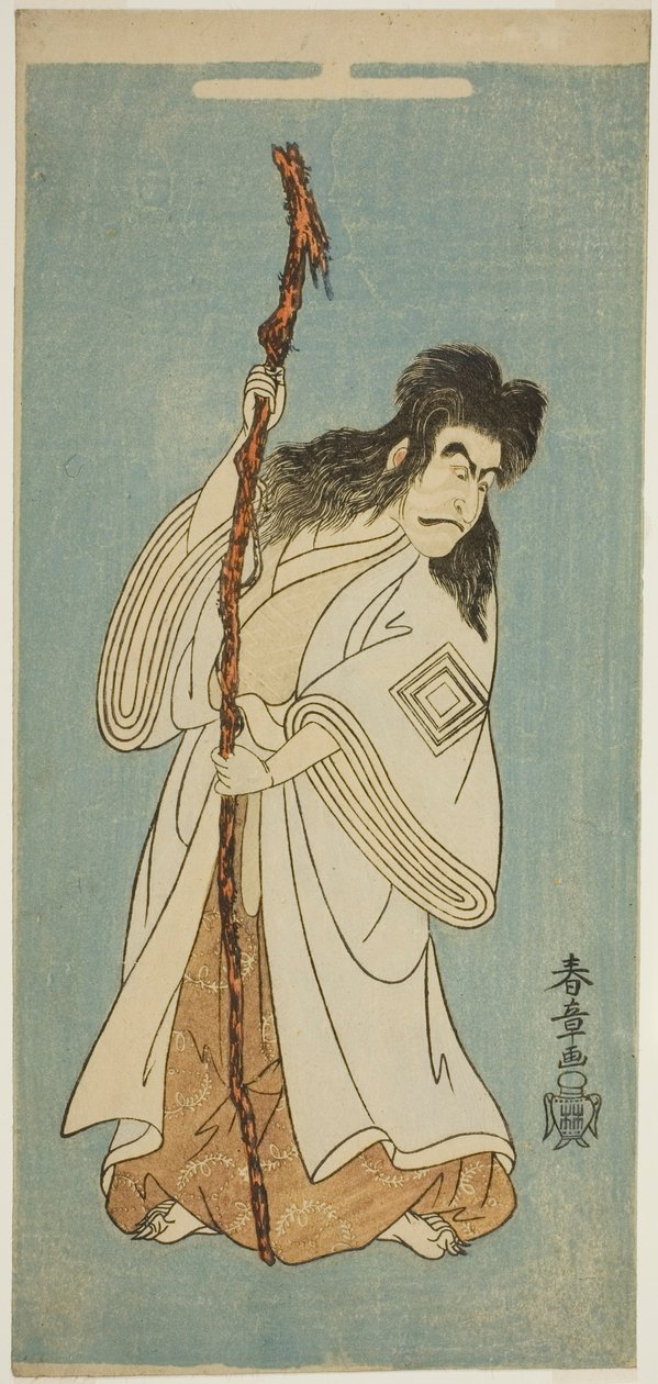O ator Ichikawa Danjuro IV possivelmente como Tenjiku Tokubei na peça "Tenjiku Tokubei vira o leme para casa (Tenjiku Tokubei Kokyo no Torikaji)", apresentada no Teatro Nakamura no oitavo mês de 1768 de Katsukawa Shunsho