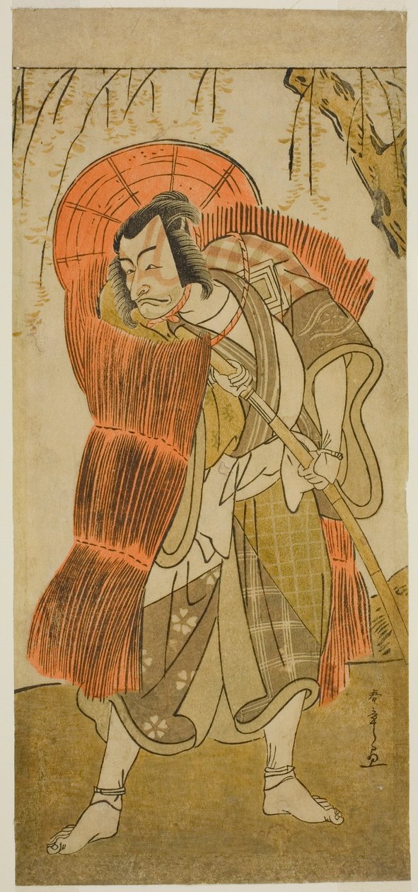 O ator Ichikawa Danjuro V como Akushichibyoe Kagekiyo disfarçado de mendigo, na peça Tsukisenu Haru Hagoromo Soga, apresentada no Teatro Ichimura no terceiro mês de 1777 de Katsukawa Shunsho