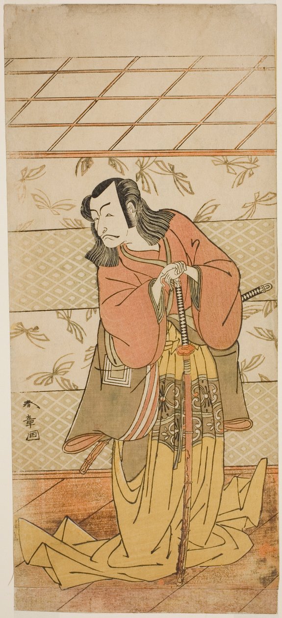 O ator Ichikawa Danjuro V como Ashiya Doman na peça Kikyo-zome Onna Urakata, apresentada no Teatro Morita no Sétimo Mês, 1776 de Katsukawa Shunsho