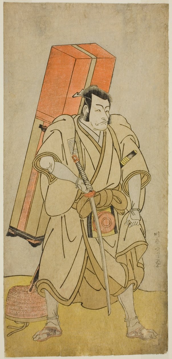O ator Ichikawa Danjuro V como Godai Saburo Masazumi disfarçado de Rokuju-rokubu na peça Sugata no Hana Yuki no Kuronushi, apresentada no Teatro Ichimura no décimo primeiro mês de 1776 de Katsukawa Shunsho