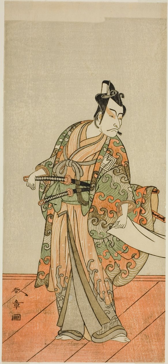 O Ator Ichikawa Danjuro V como Kudo Kanaishi (?) na Peça Izu-goyomi Shibai no Ganjitsu (?), Apresentada no Teatro Morita (?) no Décimo Primeiro Mês, 1772 (?) de Katsukawa Shunsho