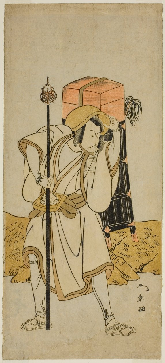 O ator Ichikawa Danjuro V como Moriya no Daijin disfarçado de Rokuju-rokubu na peça Miya-bashira Iwao no Butai, apresentada no Teatro Morita no Sétimo Mês, 1773 de Katsukawa Shunsho