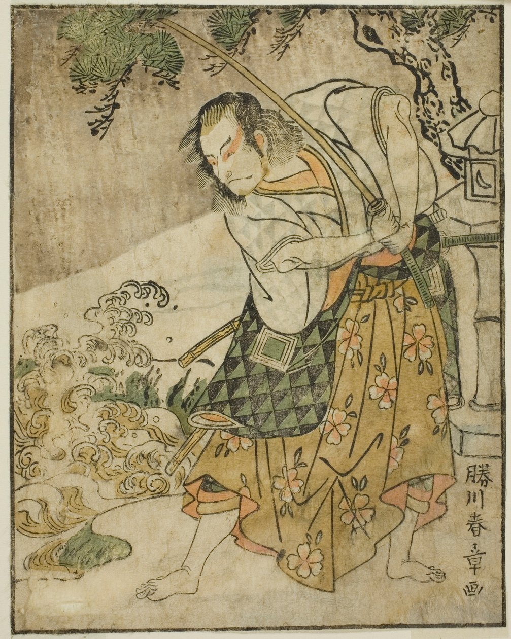 O ator Ichikawa Danjuro V como Ogata no Sabura (?) na peça Nue no Mori Ichiyo no Mato, encenada no Teatro Nakamura no décimo primeiro mês, 1770 de Katsukawa Shunsho