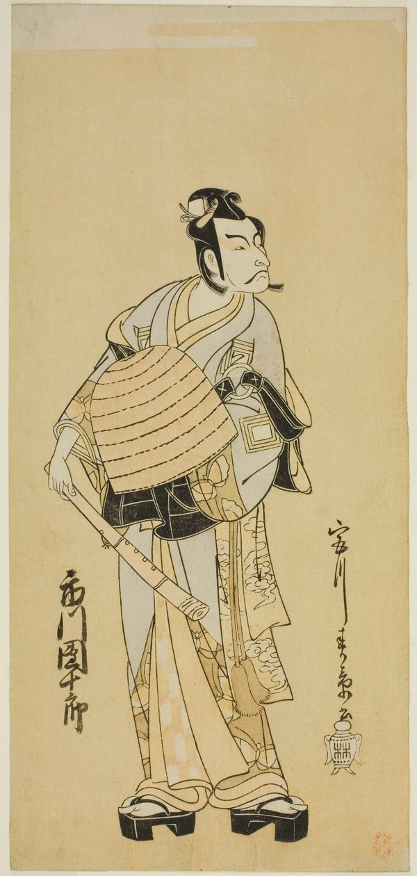 O ator Ichikawa Danjuro V como Soga no Goro disfarçado de Komuso na peça Sakai-cho Soga Nendaiki, apresentada no Teatro Nakamura no primeiro mês de 1771 de Katsukawa Shunsho