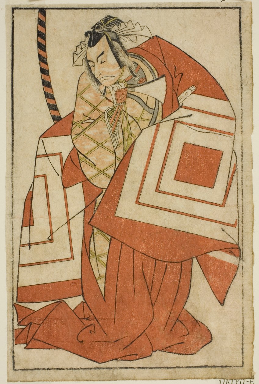 O Ator Ichikawa Danjuro V como Watanabe Kiou Takiguchi (?) na Peça Nue no Mori Ichiyo no Mato (?), Apresentada no Teatro Nakamura (?) no Décimo Primeiro Mês, 1770 (?) de Katsukawa Shunsho