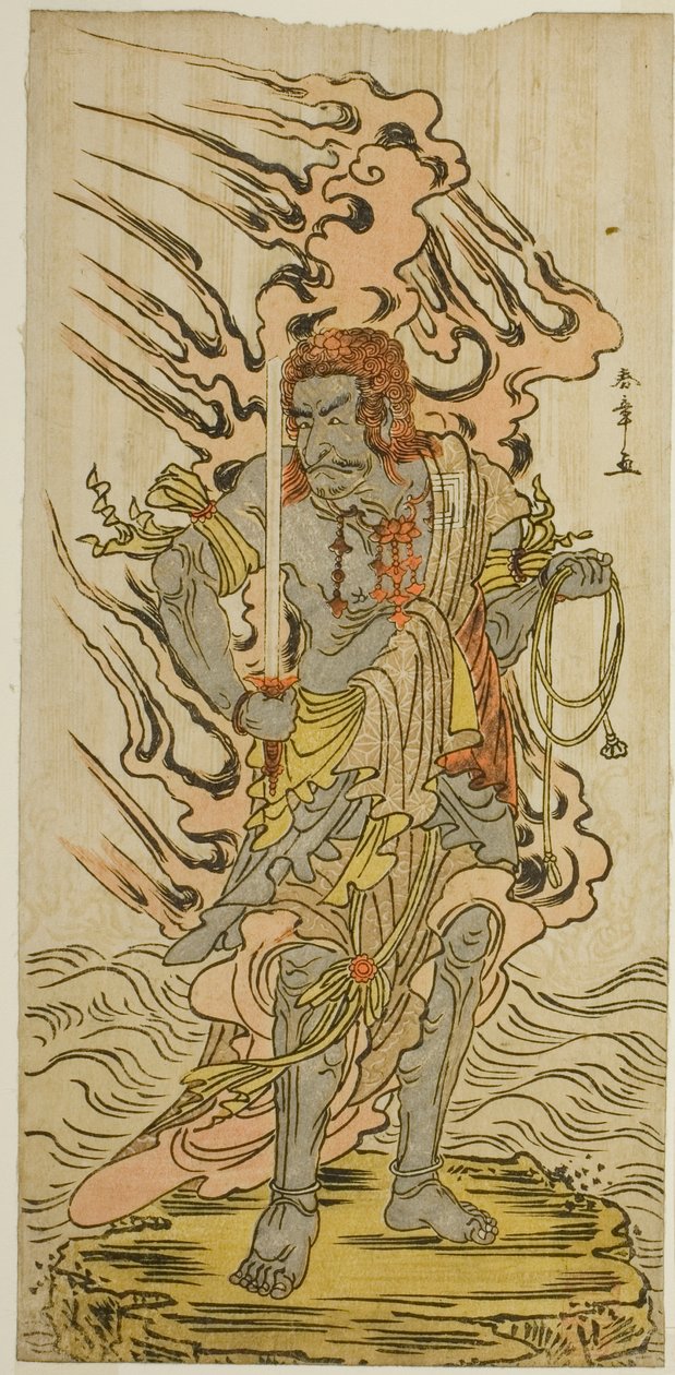 O ator Ichikawa Danjuro V como uma imagem de pedra de Fudo Myoo na peça Kitekaeru Nishiki no Wakayaka, apresentada no Teatro Nakamura no décimo primeiro mês de 1780 de Katsukawa Shunsho